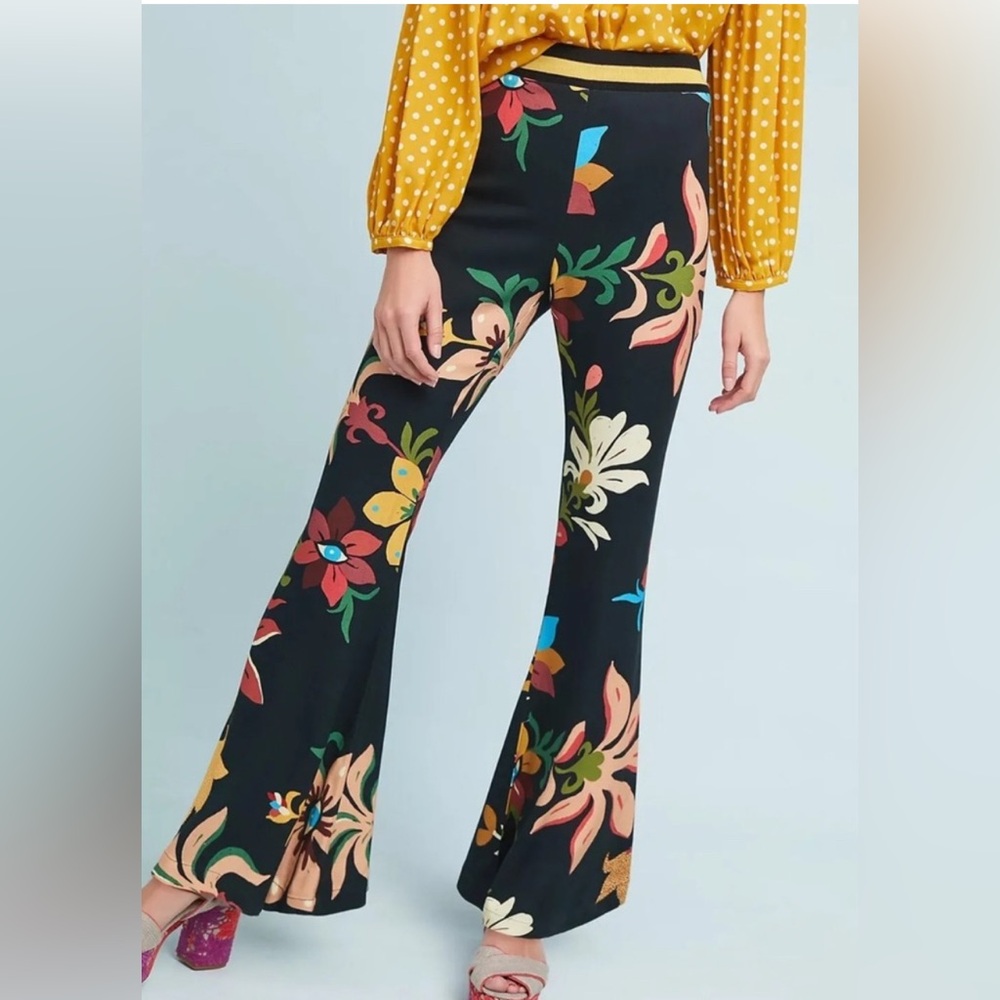 Farm Rio Calla Flare Floral Black Pants Size XS
